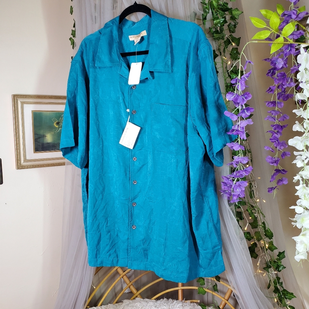 Island Passport Button Shirt Mens 1XL‎ Striped/Textured Teal Beach Vacation NWT